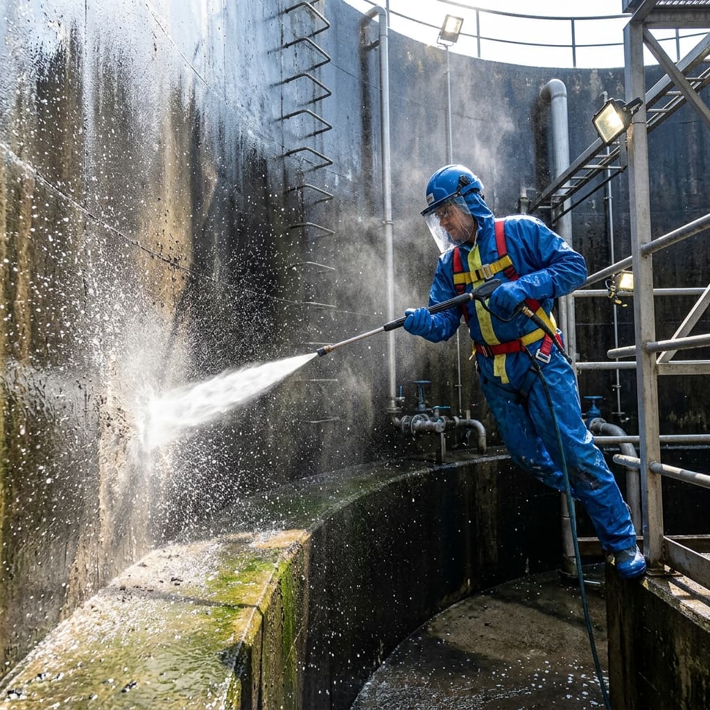 فني محترف يقوم بتنظيف خزان بنجران