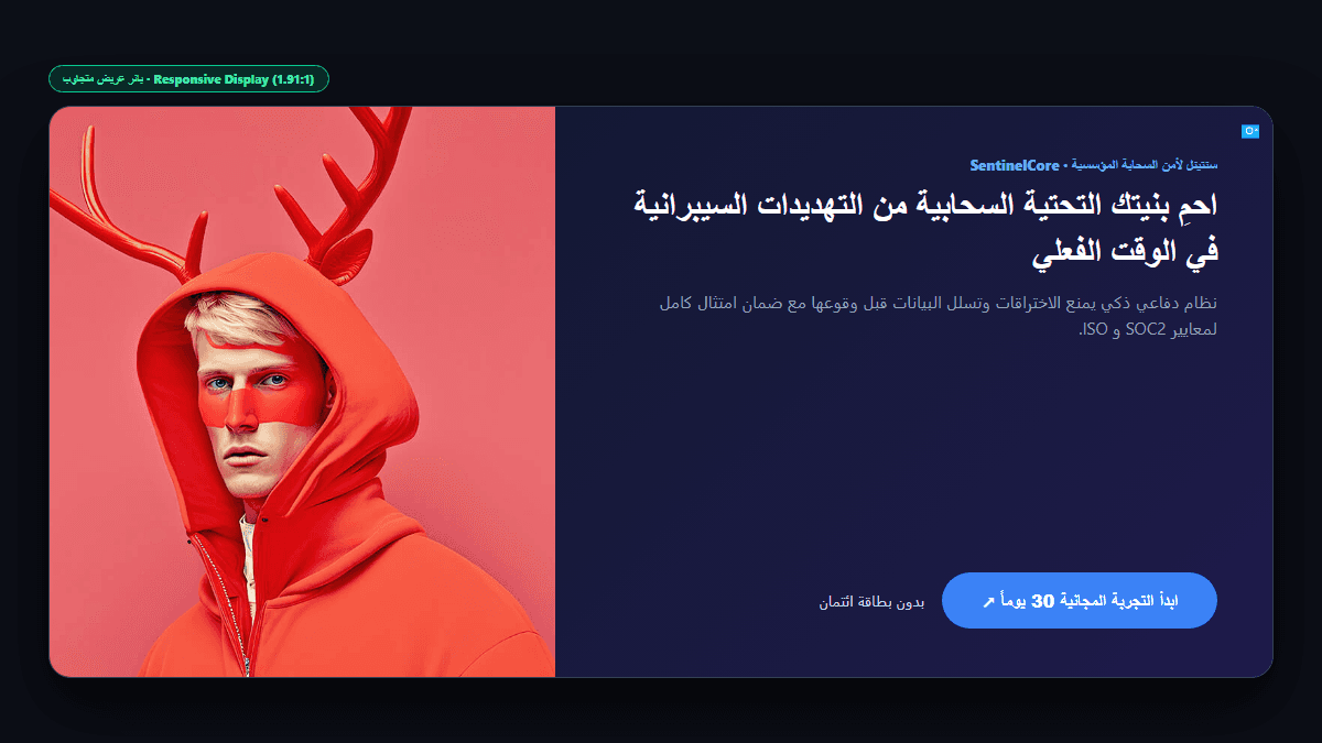 إعلان شبكة جوجل الصورية متجاوب بنسبة 1.91:1 مع شعار AdChoices وزر تجربة