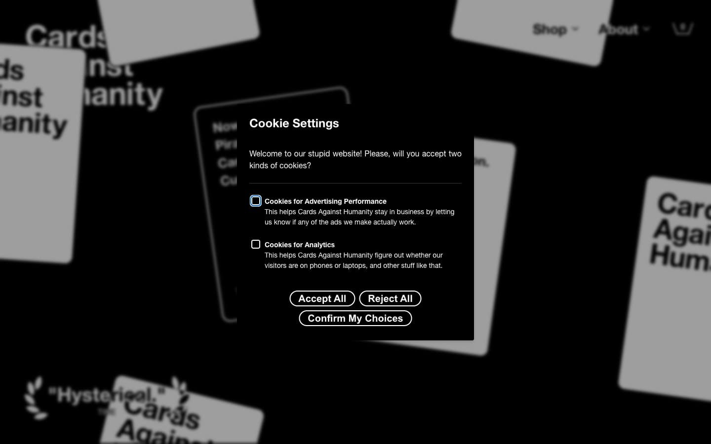 معاينة تصميم موقع Cards Against Humanity