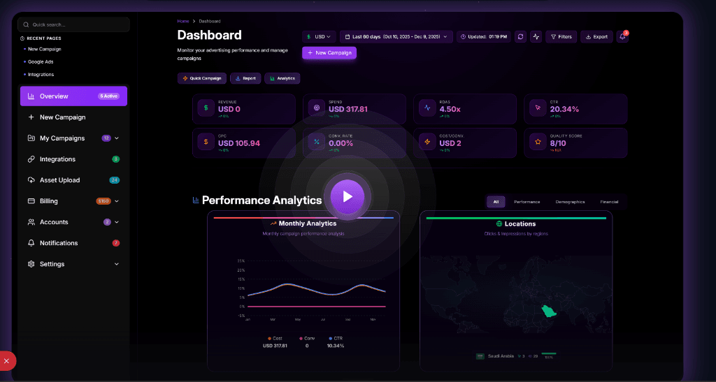 معاينة داشبورد فورياد — منصة إعلانات جوجل بالذكاء الاصطناعي