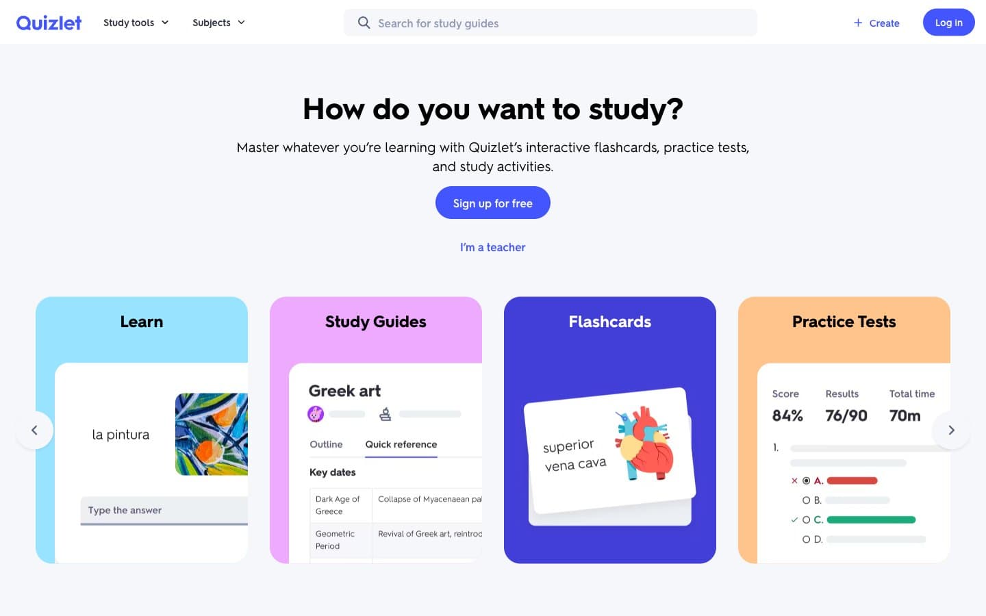 معاينة تصميم موقع Quizlet