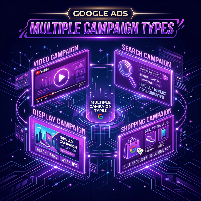 أنواع حملات اعلانات جوجل البحث والعرض والفيديو والتسوق